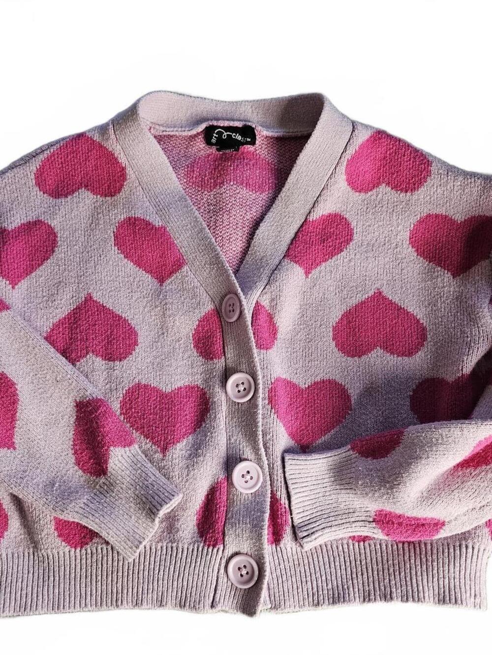 Art Class Pink Heart Patterned Button-Up Cardigan Sweater Size S (6/6X)